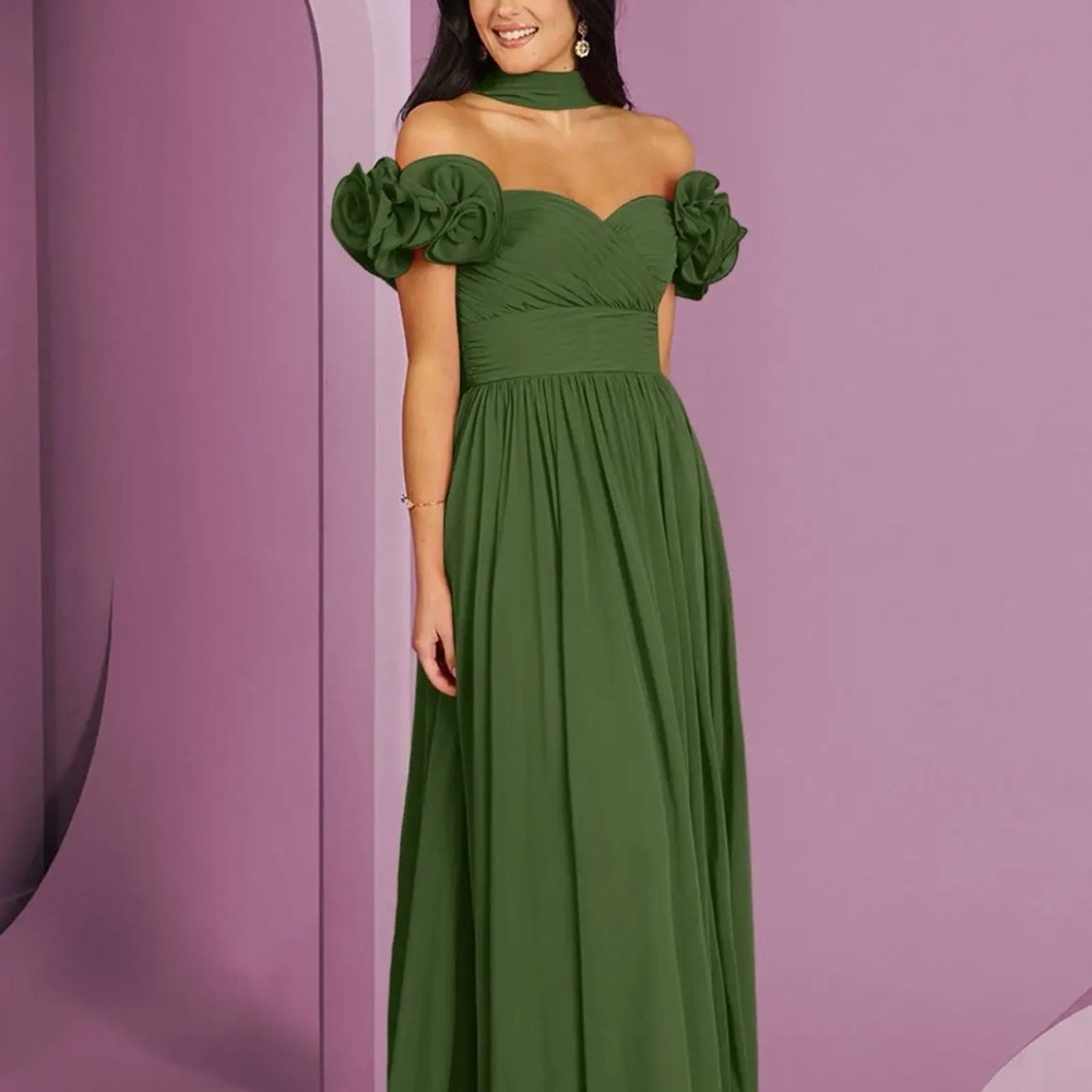 Barbie by Azazie A-Line Off Shoulder Chiffon Convertible Dress Olive Green NWT - Picture 9 of 11